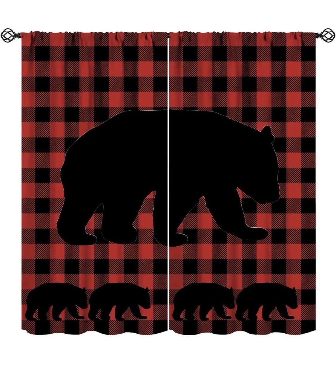 Plaid Bear Blackout Curtains Rustic Red Black Buffalo Plaid Bear Silhouettes Vintage Farmhouse Wildlife Art Print for Bedroom Living Room Bathroom Dec