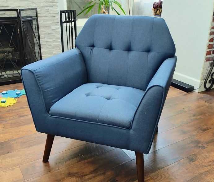 Modern Blue Fabric Upholstered Armchair Tufted Accent Side Chair Wood Legs By