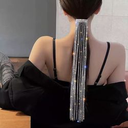 Trendy Full Rhinestone Hair Clíp Long Tassel 