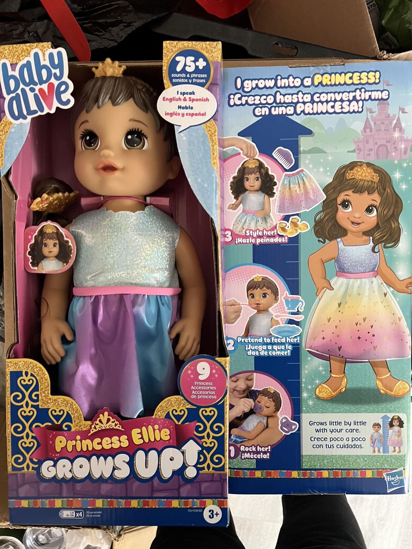 Baby Alive Princess Ellie Grows Up! Brown Hair, Interactive Doll with Accessories, Toys for 3+ Years Old Girls and Boys, 18-Inch