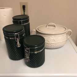 Set Of 3 Canisters And Stoneware Caserole