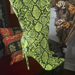 Neon Green High Snake Python Skin Imitation Boots on Heels 