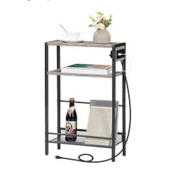 HOOBRO Small Narrow Side Table with Charging Station, Skinny End Table for Small Spaces, Slim Nightstand with USB Ports Outlet, Sofa Beside Table with