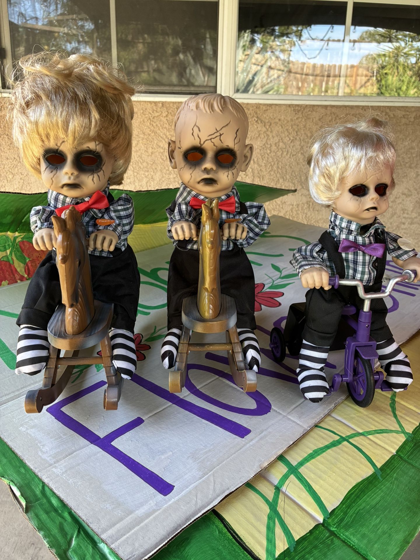 Set Of 3 creepy Dolls On Rocking Chairs & Tricycle