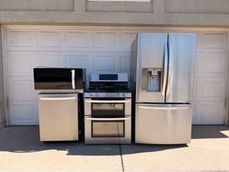 Refrigerator Range Dishwasher Microwave Stainless Set 60 Day Warranty