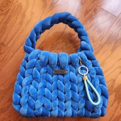Hand-Knitted Chunky Velvet Blue Bag