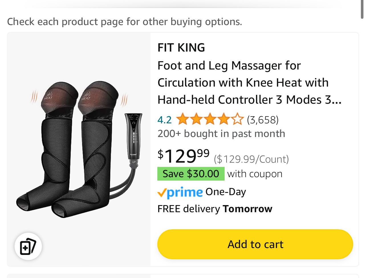 FIT KING Foot and Leg Massager for Circulation with Knee Heat with Hand-held Controller 3 Modes 3 Intensities