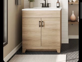 Project Source Tierra 30-in Sandstone Single Sink Bathroom Vanity with White Cultured Marble Top (Fully Assembled)