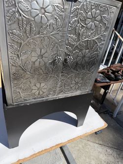 Vintage  Industrial Aluminum Floral Design Cabinet, 2 Doors, 2 Shelf & Wood Base 30x18x18