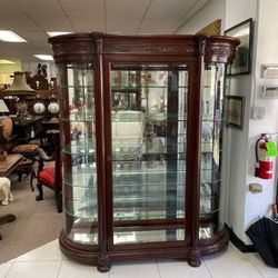 Early 1900's Glass Curio Cabinet, Hand Carved Mahogany, Mirrored Back