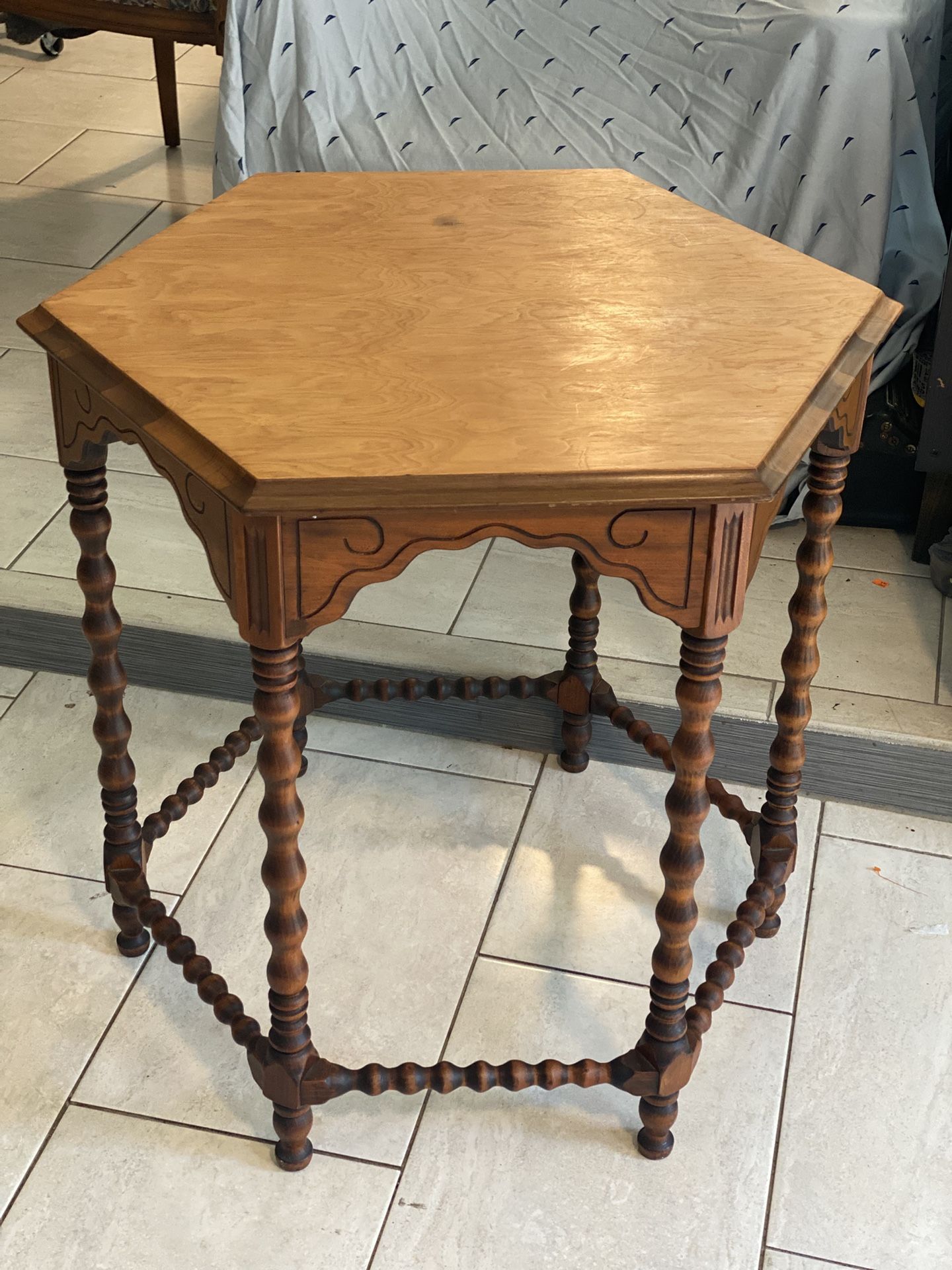 Antique Hexagonal Wood Side Table