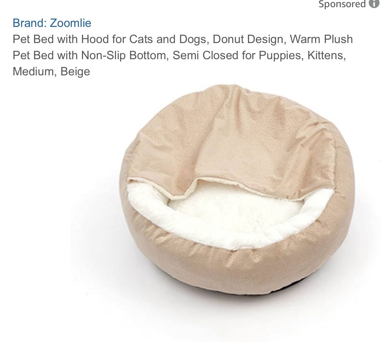 Pet Bed with Hood for Cats and Dogs, Donut Design, Warm Plush Pet Bed with Non-Slip Bottom, Semi Closed for Puppies, Kittens, Medium, Beige