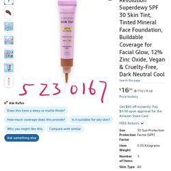Revolution Superdewy SPF 30 Skin Tint, Tinted Mineral Face Foundation, Buildable Coverage for Facial Glow, 12% Zinc Oxide, Vegan & Cruelty-Free, Dark 