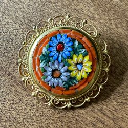 Vintage Italian Micro Mosaic Glass Brooch Pin