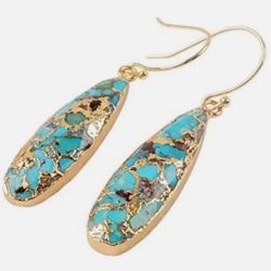  1 Pair Long Teardrop Natural Turquoise with Line Fish Hook Drop Dangle