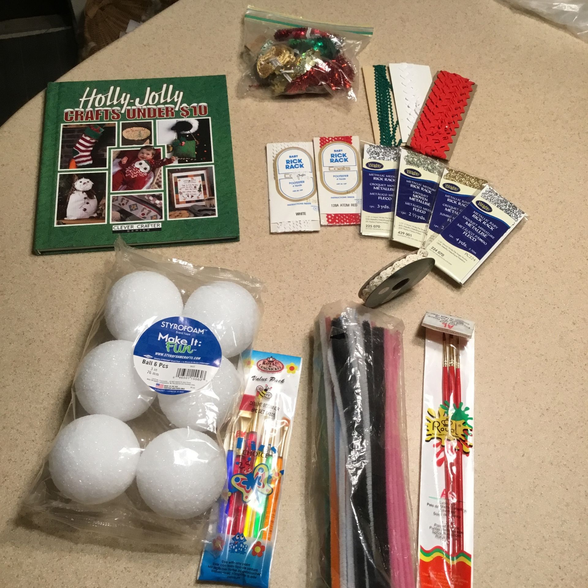 Holiday Crafting Supplies - 6 Styrofoam Balls, Colored Pipe Cleaners, Ribbons Etc. Etc.