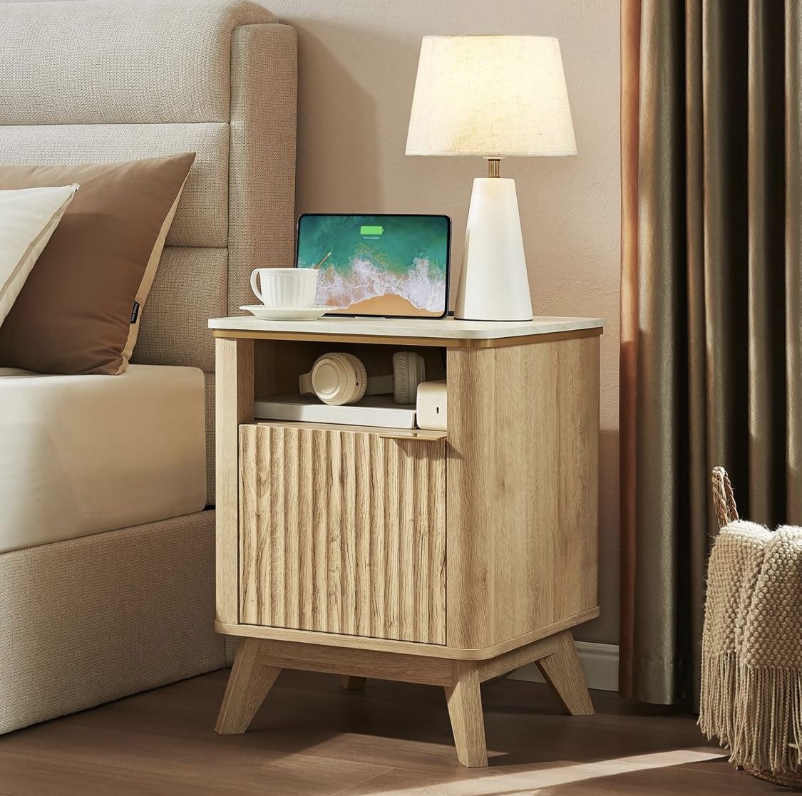 One Fluted Nightstand Or end Table with Charging Station, 18" Modern End Table with Faux Marble Top