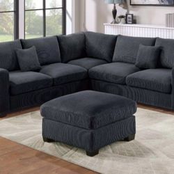 ✅️✅️4 pc  Black  cordury fabric upholstered sectional sofa with ottoman✅️✅️