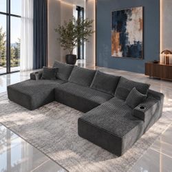 🚨 133" Modular Cloud Couch Sectional Sofa, Oversized Deep Seat , with Cup Holders , grey  N-28
