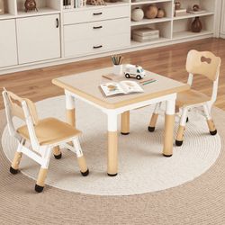 Kids Table and 2 Chairs Set with Graffiti Desktop, Height Adjustable Toddlers Table and Chairs Set