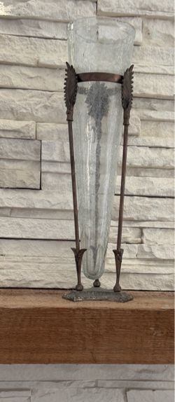 Crackle Glass Trumpet Vase with Metal Stand