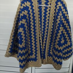 Crocheted Cardigan -Blue and Beige 