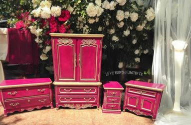 Vintage Hand Painted Gold Fuchsia French Provincial Armoire 4-Piece Set Custom Upcycled Bedroom Furniture Decor Hickory Manufacturing Co