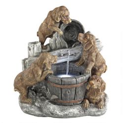 Four Labrador Puppies Playing With Water Pail Water Fountain (dt) M27