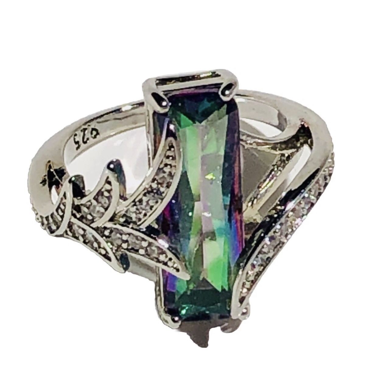 Mystic Topaz Ring Emerald Cut Solitaire With Clear Round Zirconia Accents Size 6 Solid Silver