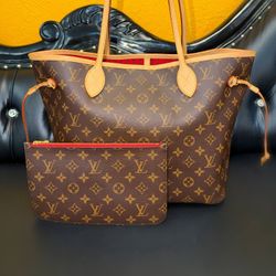 LOUIS VUITTON Neverfull MM Tote Bag M41177 Monogram Brown Canvas Leather Cerise full set