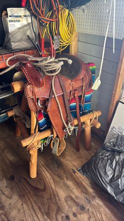 Vintage leather hand, stitch saddle with decorative saddle holder