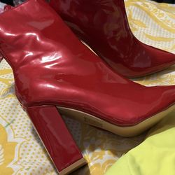 Red Boots patient Leather..Size 5...$65 Zipper in the back.. New!!) (Lime green hi heels boots size 7..$45 