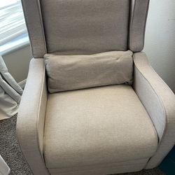 Gray nursery chair + reclines (if it’s up it’s available)