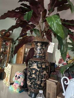 vintage mid-to-late 20th-century Chinese-style baluster floor vase fake plant