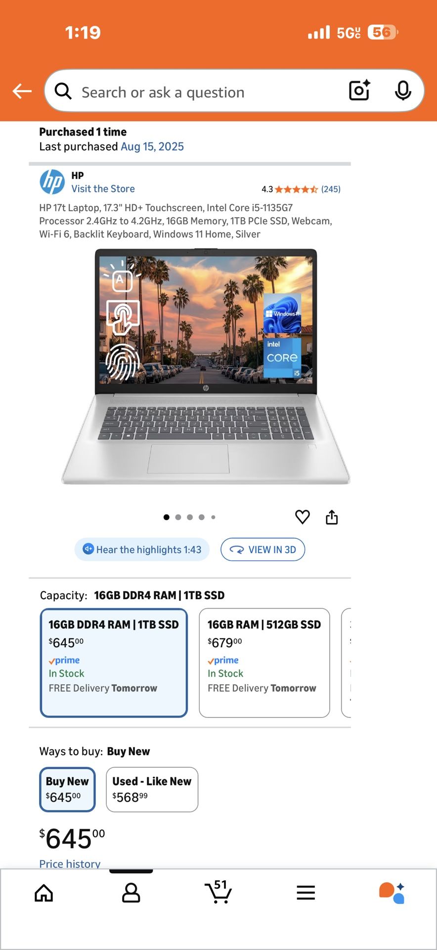 HP 17t Laptop, 17.3" HD+ Touchscreen, Intel Core i5-1135G7 Processor 2.4GHz to 4.2GHz, 16GB Memory, 1TB PCIe SSD, Webcam, Wi-Fi 6, Backlit Keyboard, W