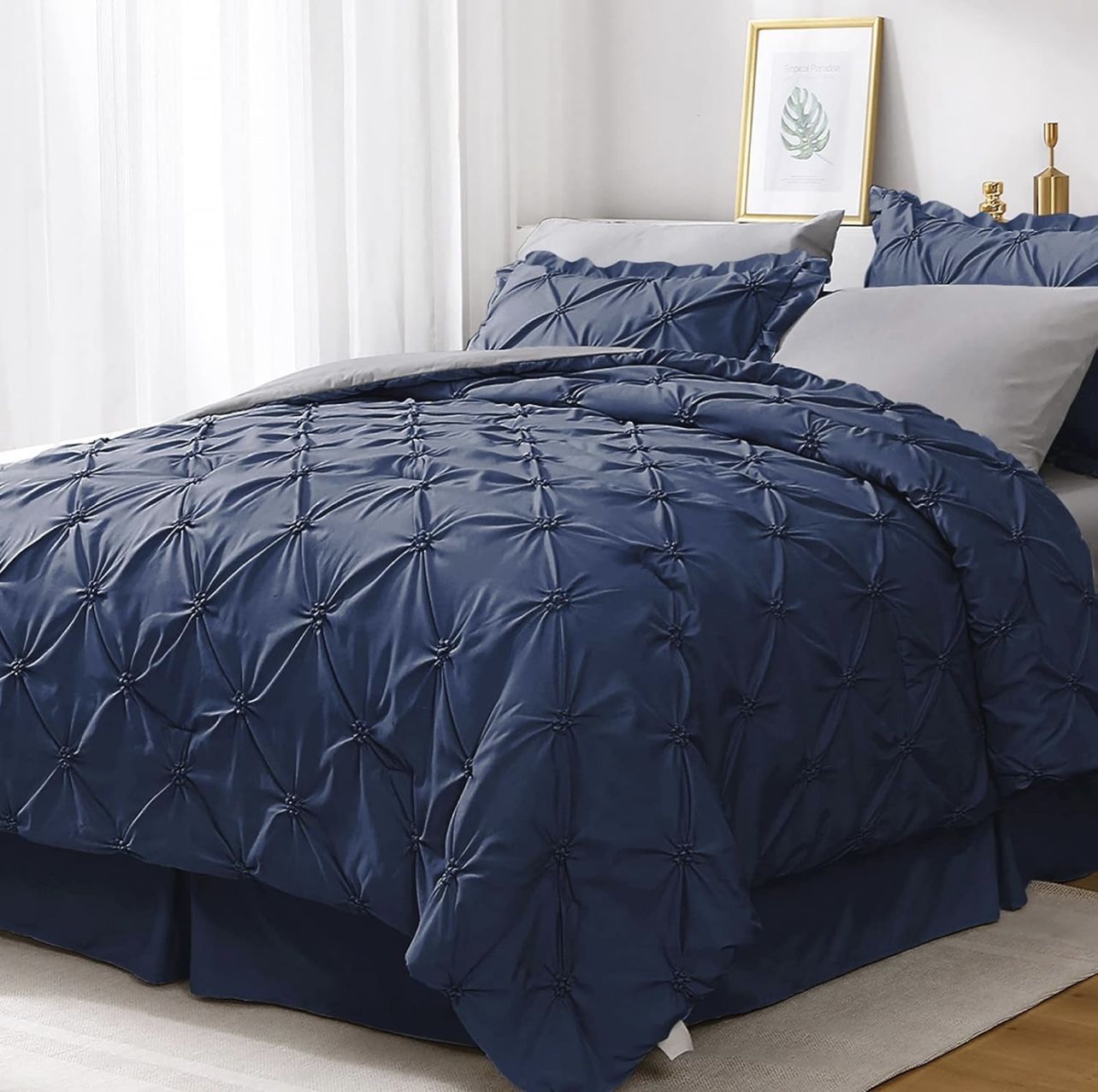 Reversible JOLLYVOGUE Queen Comforter Set 7 Pieces, Navy Blue/Gray Bed in a Bag Comforter Set