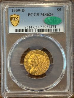 1909-D $5 Indian Gold Half Eagle PCGS MS62+ CAC Pre-33 Gold Coin
