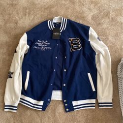 Varsity Jacket dark blue and white from boohooman  size small runs big