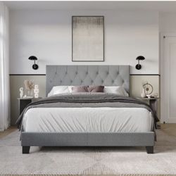 New Gray Queen Upholstered Bed Frame with Headboard, Button Tufted Linen Bed Base, Platform Bed with Wood Slat, Heavy Duty