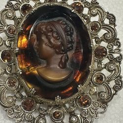 Vintage W. Germany Amber Color Rhinestone Tortoise Shell Cameo Brooch