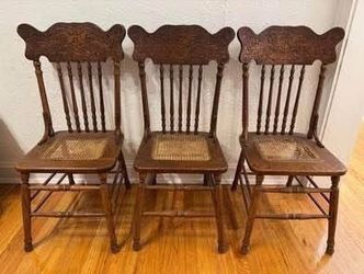 Vintage Wood Pressed Back North Wind Face w/Cane Seating Chairs (set of 3)