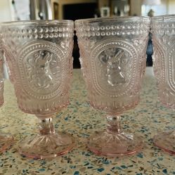 Easter Bunny Hobnail Victorian Footed Pink Goblet Glasses Set Of 4