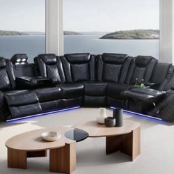 Power Electric Black Leather Fully Reclining Sectional Couch 