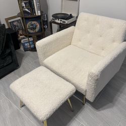 Cream Bouclé Accent Chair + Ottoman (Professionally Cleaned) 