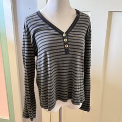 Lauren Ralph Lauren Striped Ling Sleeve  Button Up Top Blouse Grey Black 
