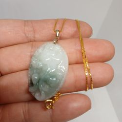 Big Sale!Certified Green Jade Icy Flower Pdnt S925 Gold Color Chain 18"