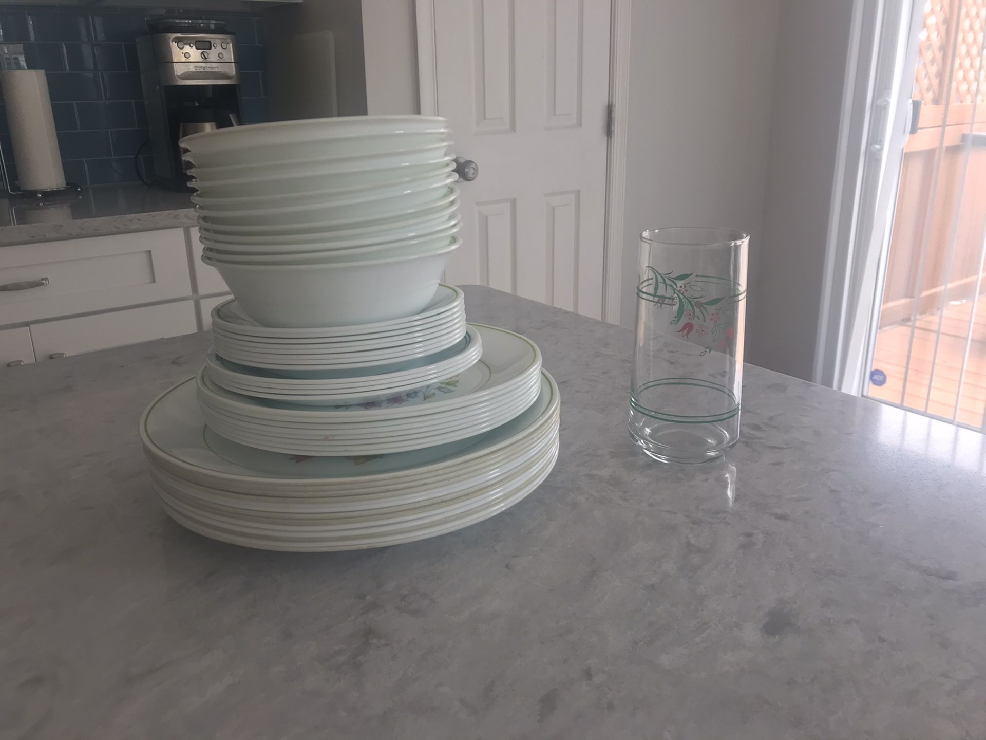 Corelle dish set - 45 plates, saucers, bowls and glass