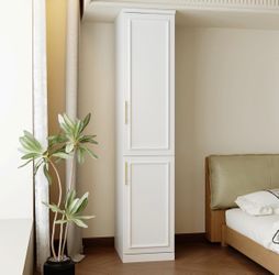 74.8”H ,Narrow Wardrobe Closet with 2 Doors, Storage Cabinet with Shelves, Hanging Rod, Gold Handles, White
