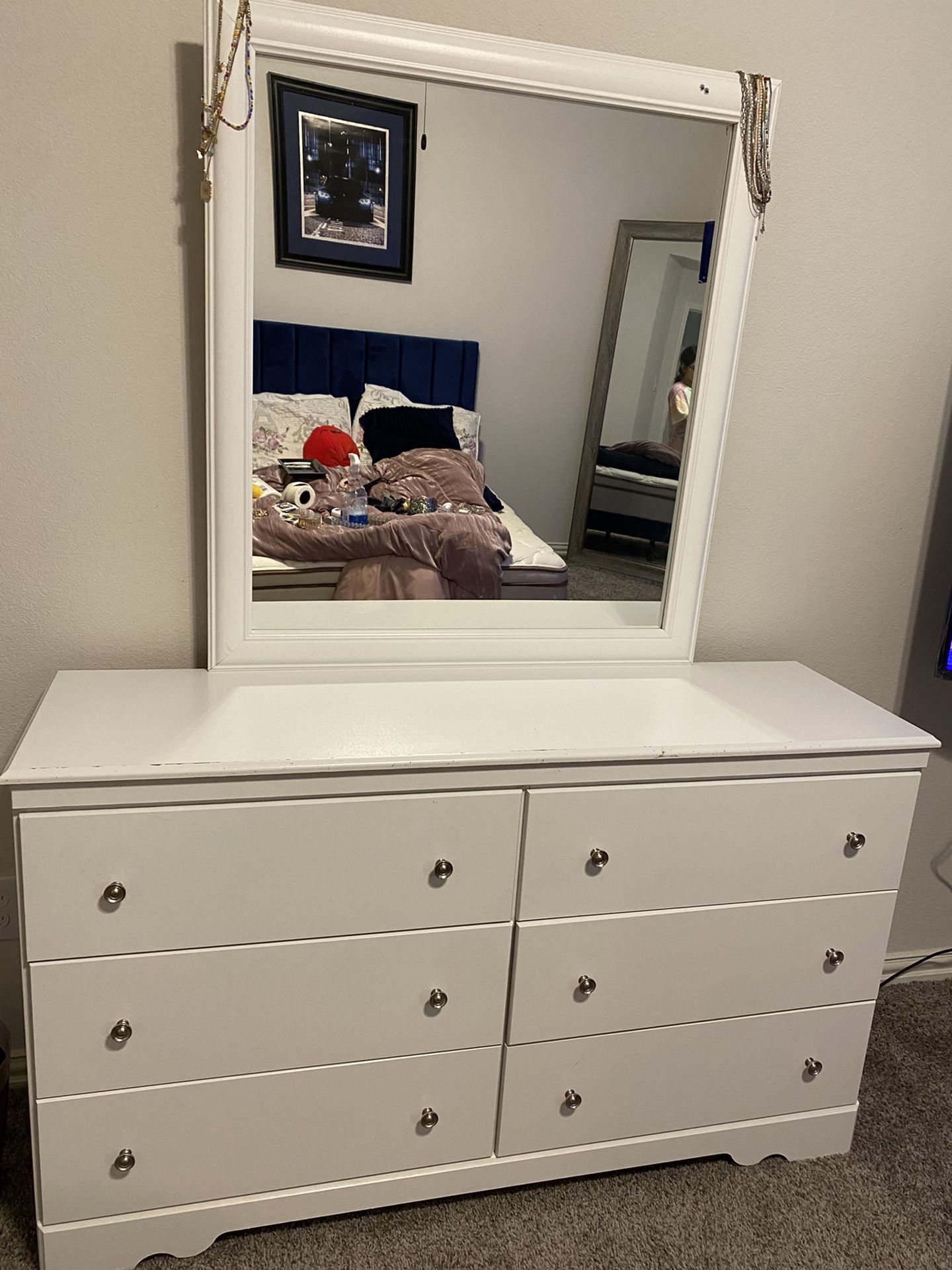 white dresser with mirror attached