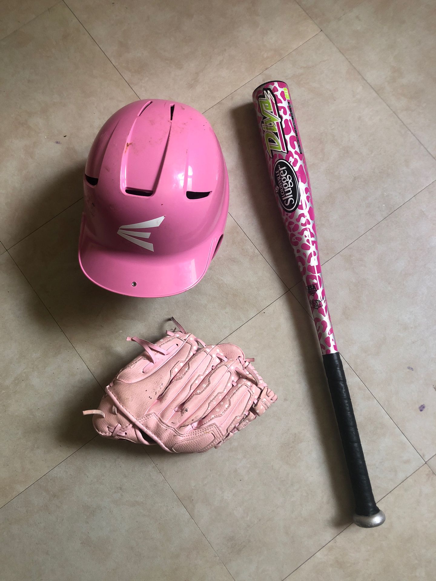 Girls softball bat, glove, cap and glove